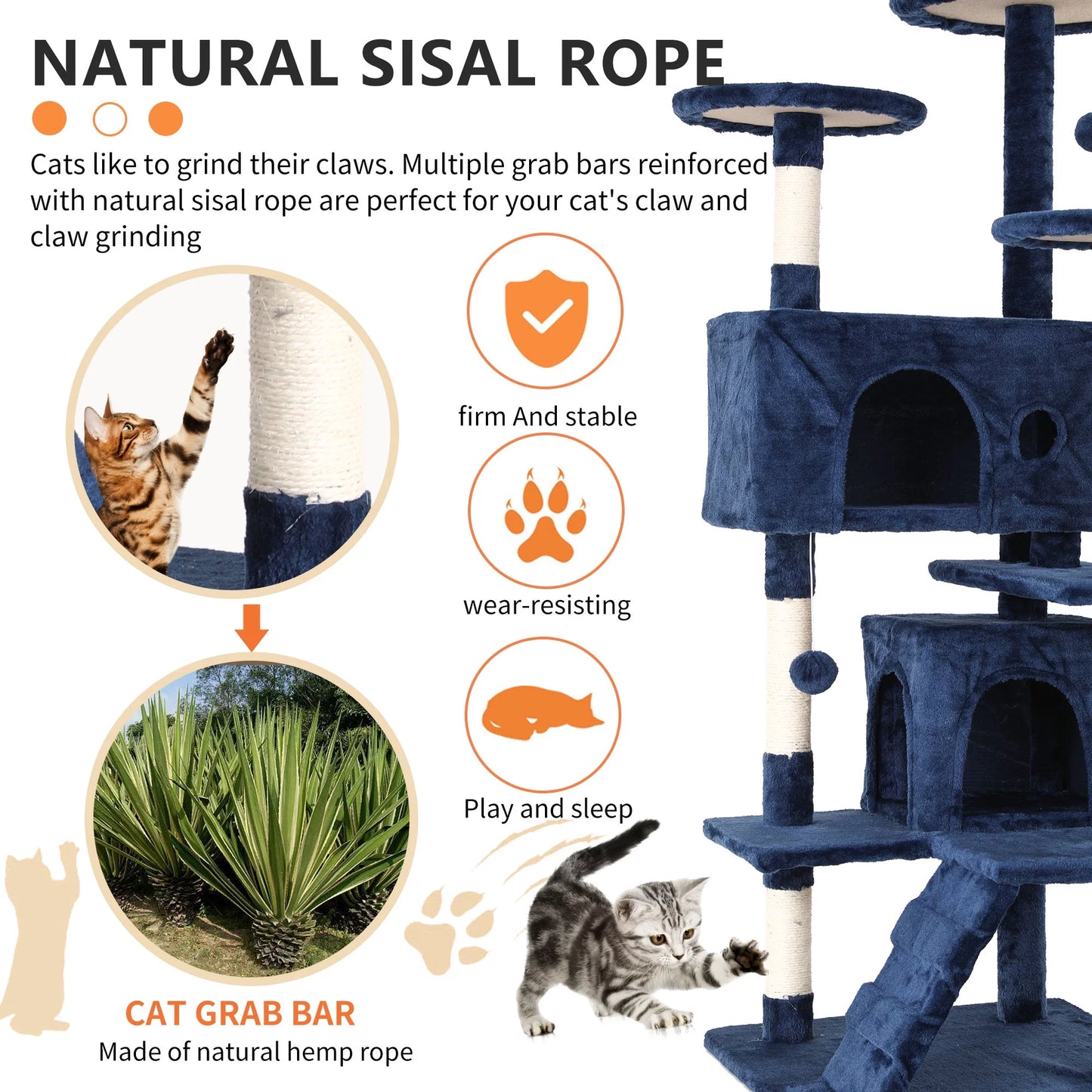 54-Inch Double Condo Cat Tree Tower with Scratching Post and Perch for Indoor Use, Navy Blue