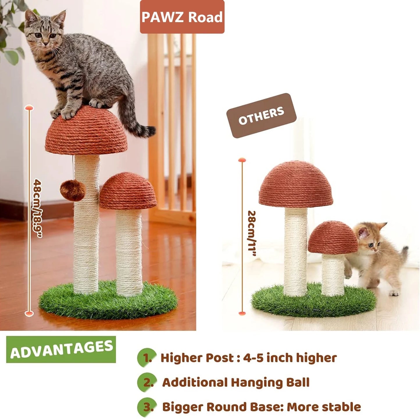 Mushroom-Shaped Cat Scratching Post - 19" Sisal Claw Scratcher for Kittens and Small Cats, Brown