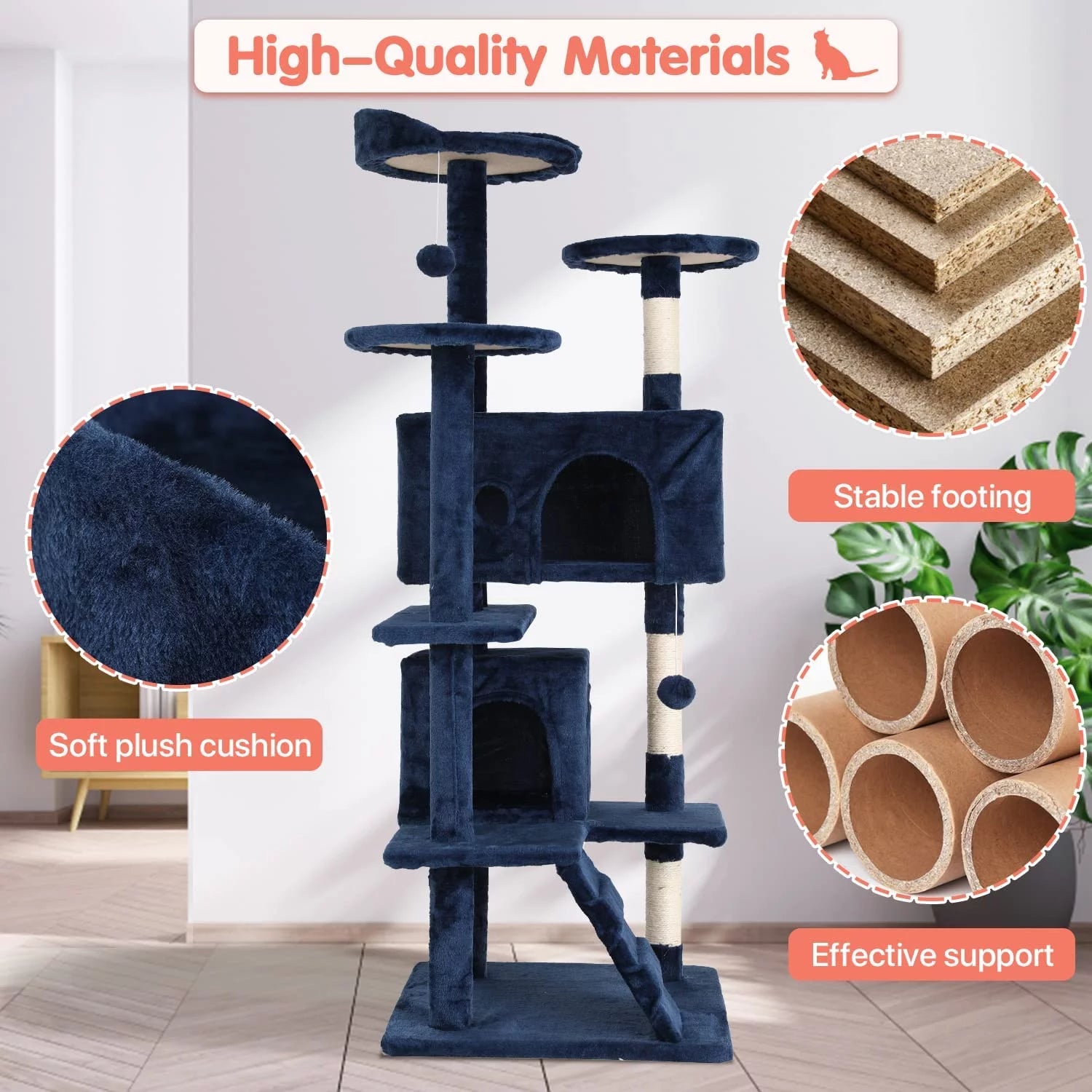 54-Inch Double Condo Cat Tree Tower with Scratching Post and Perch for Indoor Use, Navy Blue