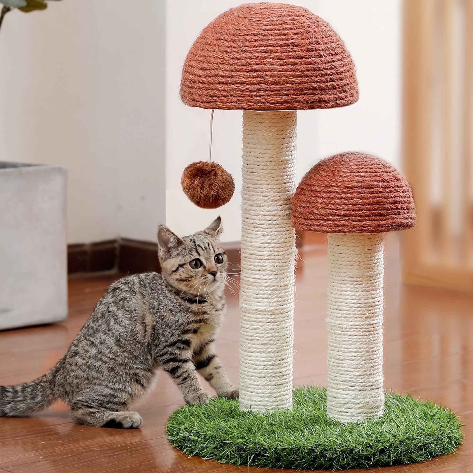 Mushroom-Shaped Cat Scratching Post - 19" Sisal Claw Scratcher for Kittens and Small Cats, Brown