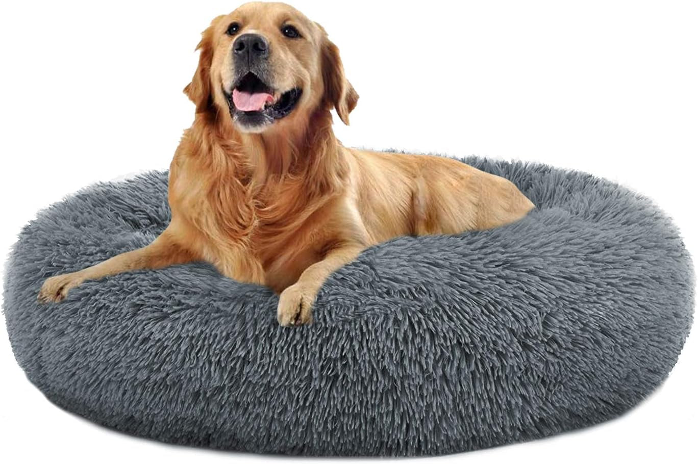 Round Plush Calming Bed for Large and Medium Dogs and Cats, Faux Fur Donut Cuddler Pillow Pet
