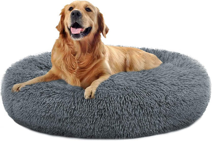 Round Plush Calming Bed for Large and Medium Dogs and Cats, Faux Fur Donut Cuddler Pillow Pet