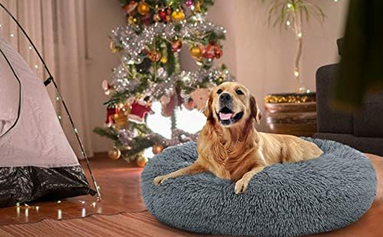Round Plush Calming Bed for Large and Medium Dogs and Cats, Faux Fur Donut Cuddler Pillow Pet