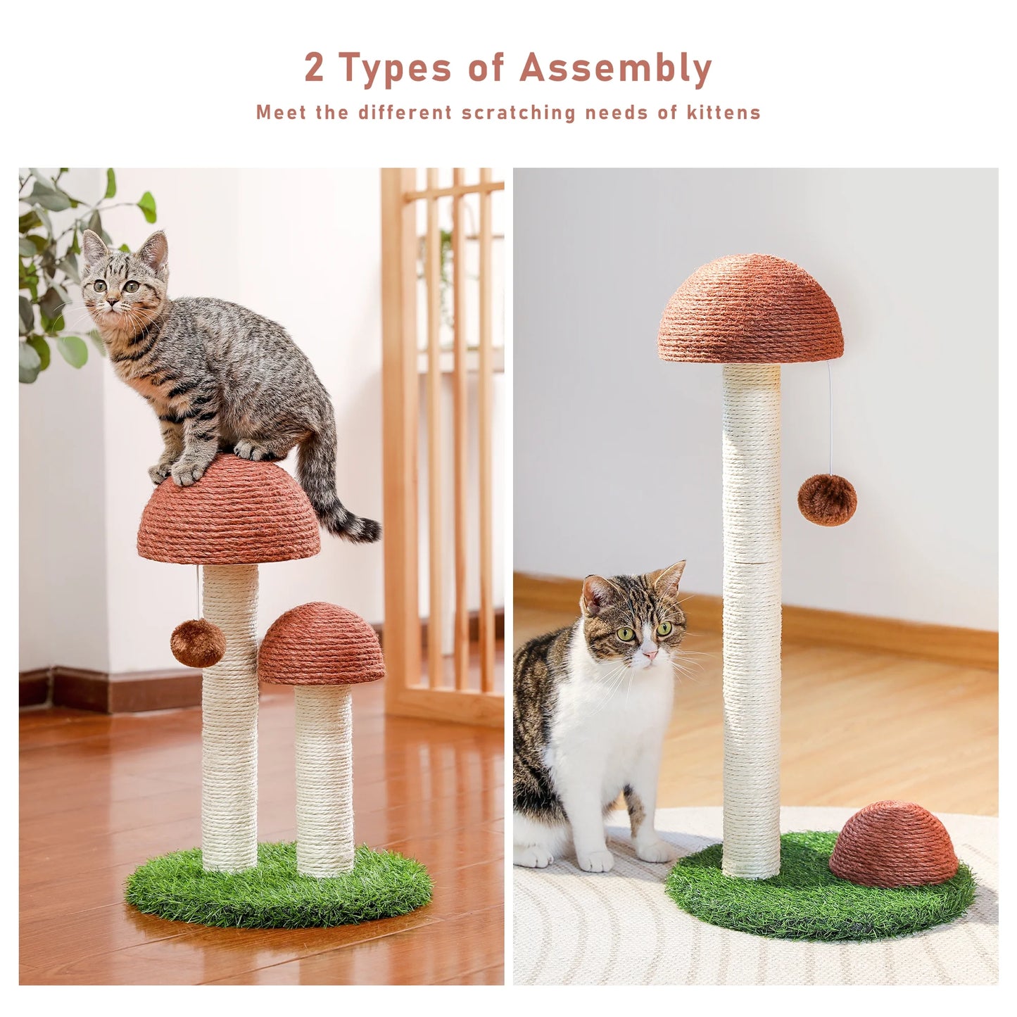 Mushroom-Shaped Cat Scratching Post - 19" Sisal Claw Scratcher for Kittens and Small Cats, Brown