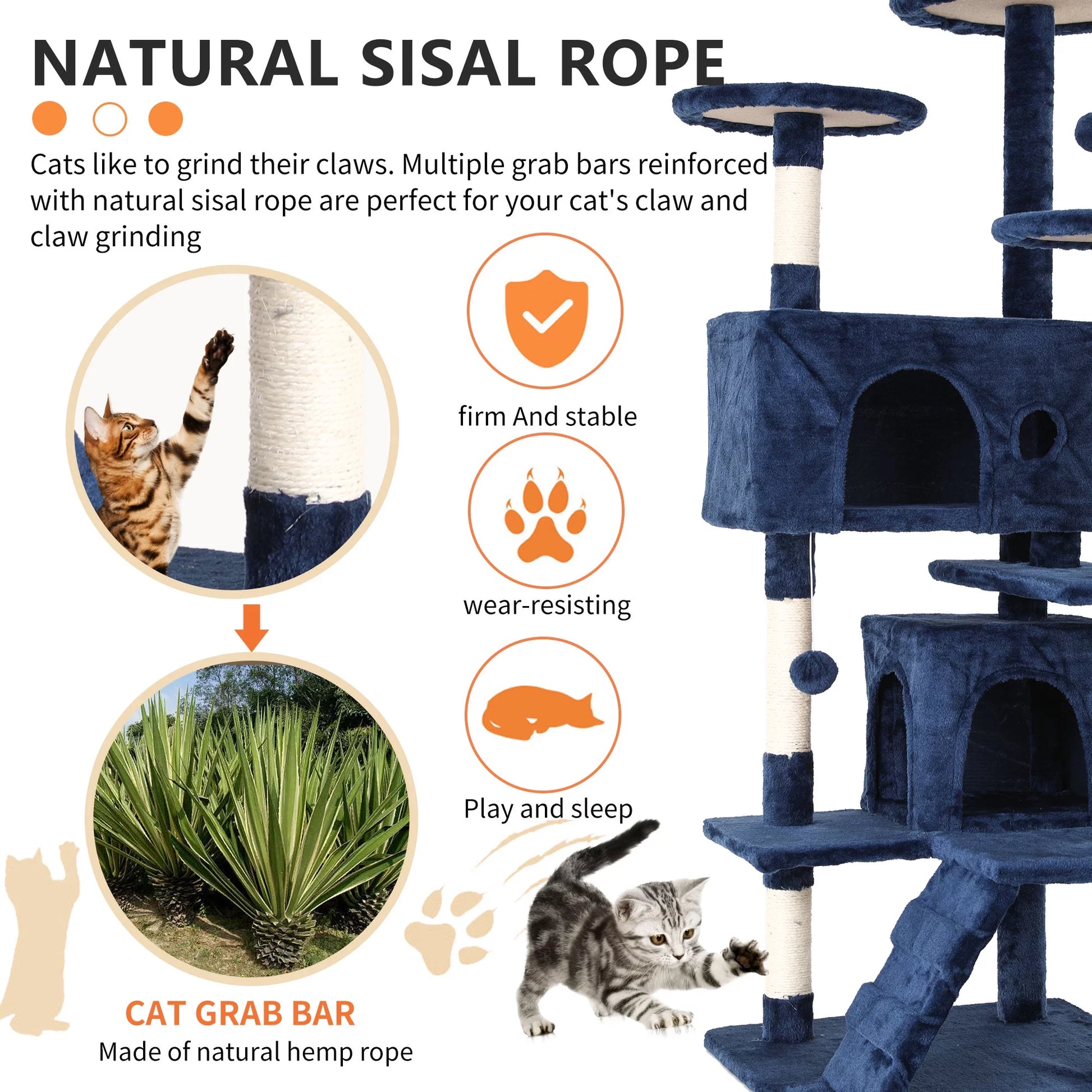 54-Inch Double Condo Cat Tree Tower with Scratching Post and Perch for Indoor Use, Navy Blue