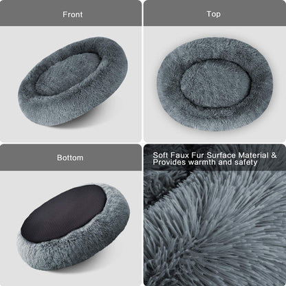 Round Plush Calming Bed for Large and Medium Dogs and Cats, Faux Fur Donut Cuddler Pillow Pet