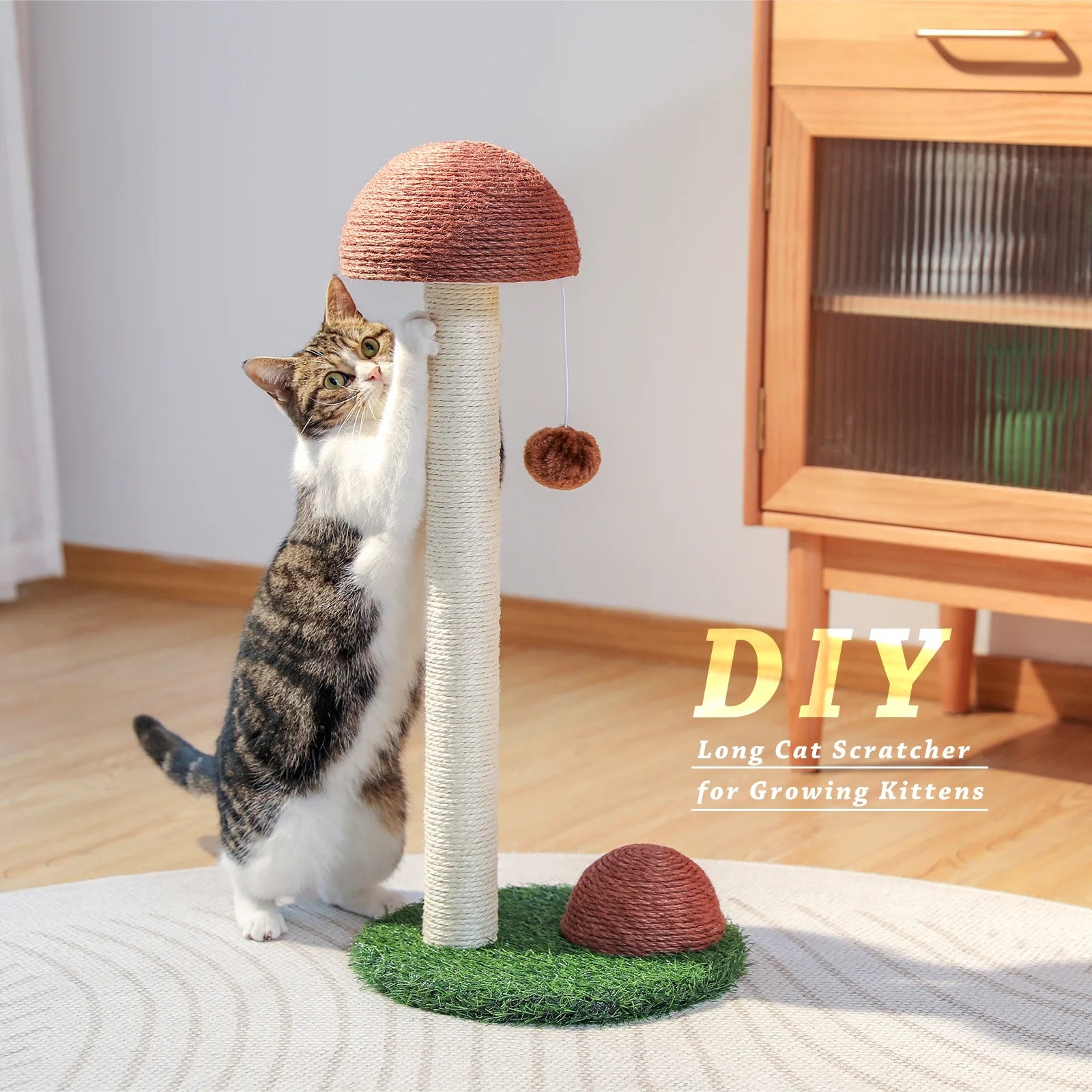 Mushroom-Shaped Cat Scratching Post - 19" Sisal Claw Scratcher for Kittens and Small Cats, Brown