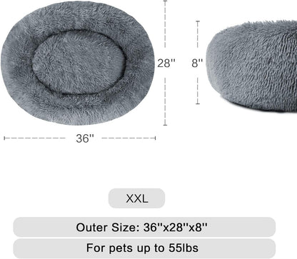 Round Plush Calming Bed for Large and Medium Dogs and Cats, Faux Fur Donut Cuddler Pillow Pet